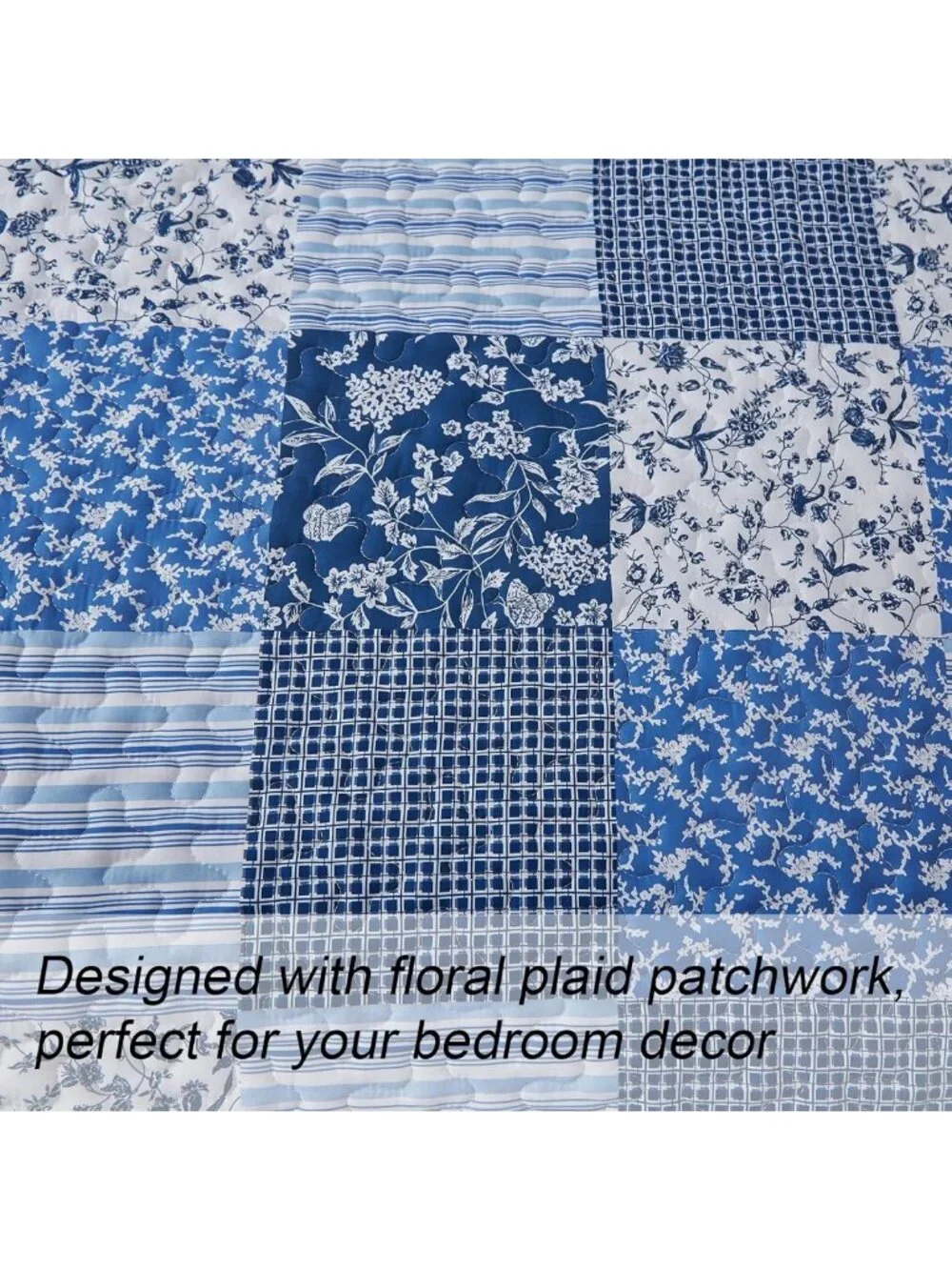 Boho Patchwork Floral Queen Quilt Set - Cozy Bedding, Blue Home Decor